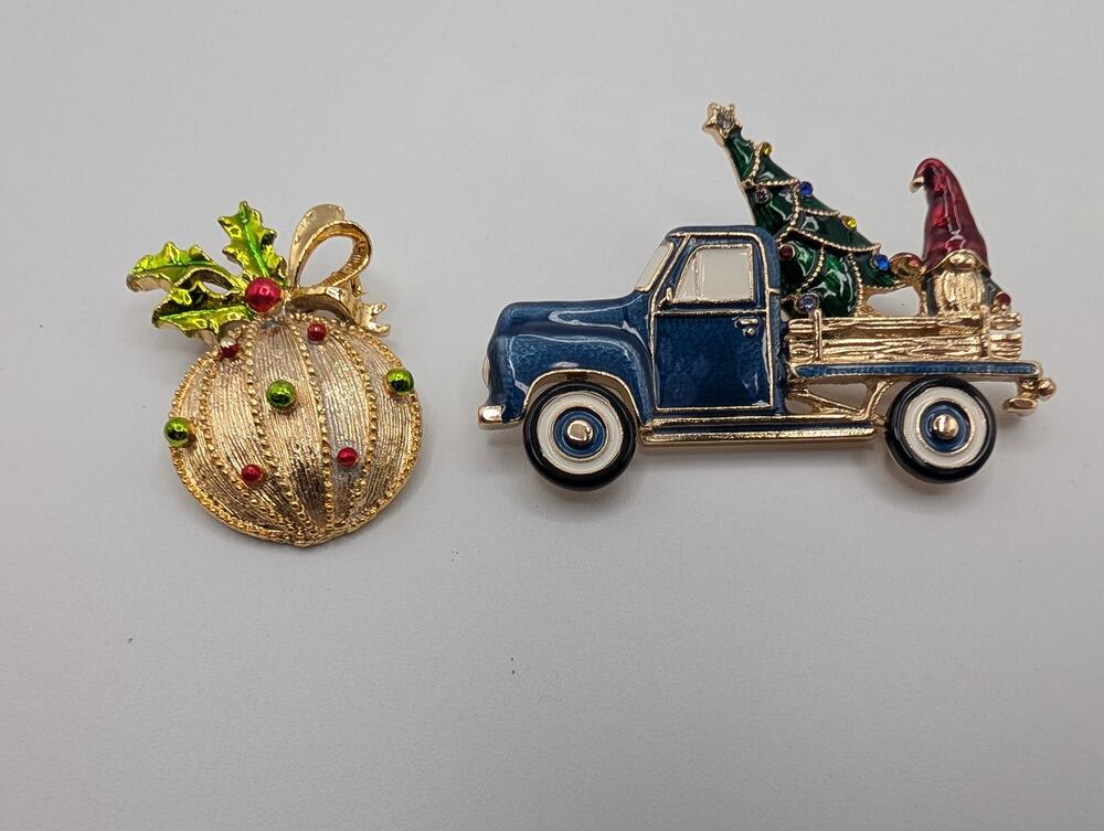Vintage Napier Christmas Holiday Brooch Pin Lot Blue Truck Tree Gnome & Ornament